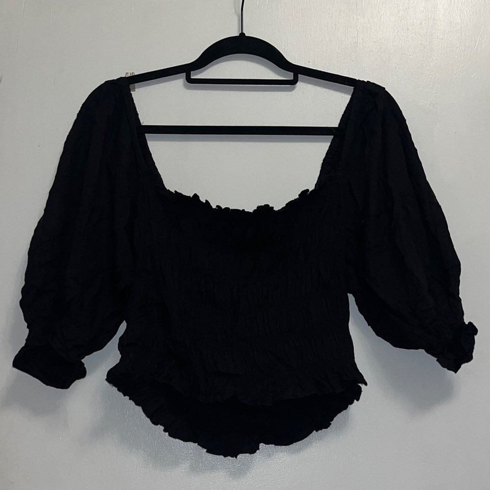 Urban Outfitters Black Puff Sleeve Smocked Blouse